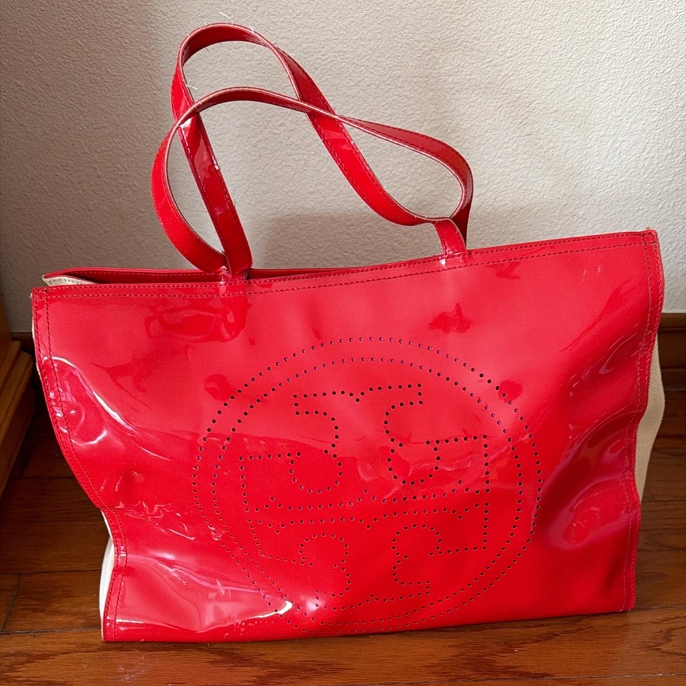 Tory Burch Red Patent Leather Tote Bag with Perforated Logo Detail